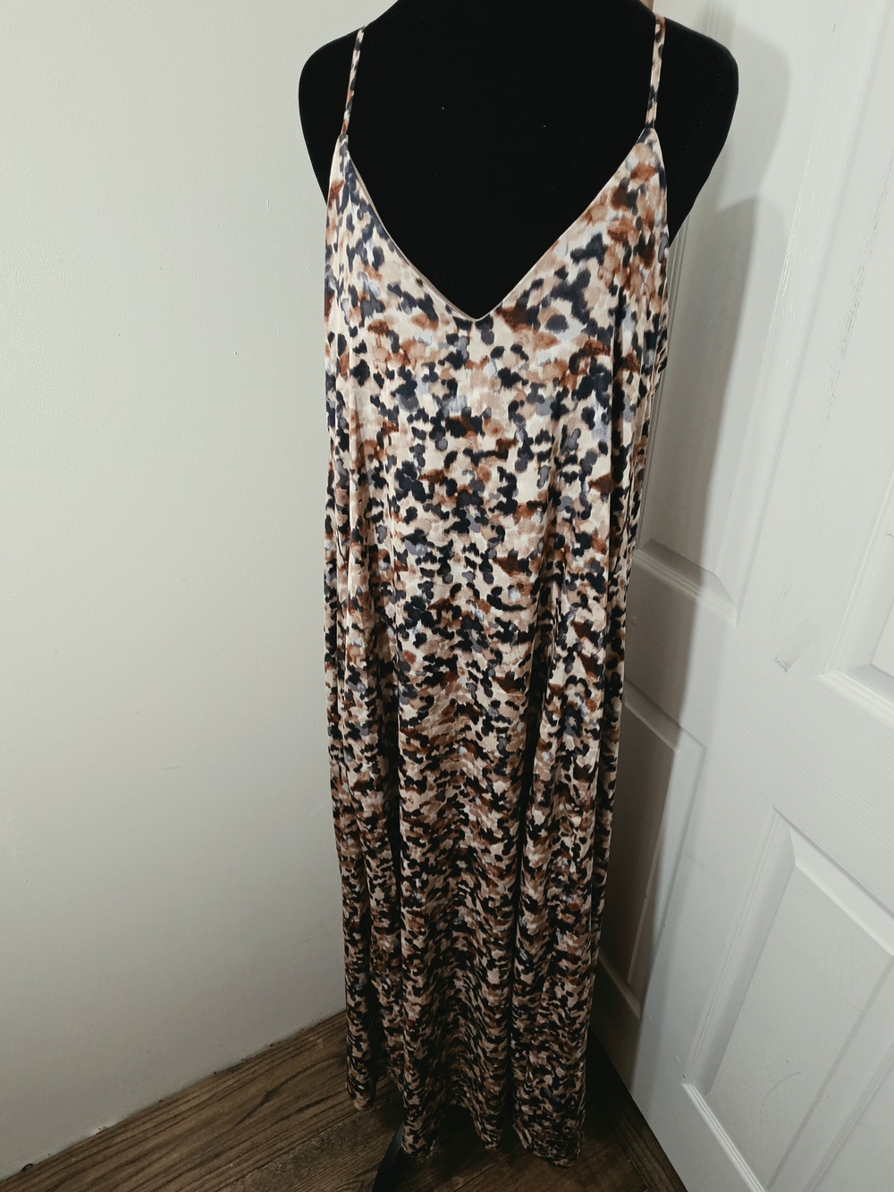 Satin Taupe Multicolor Spotted Slip Vneck Racerback Maxi Dress Oversize Medium